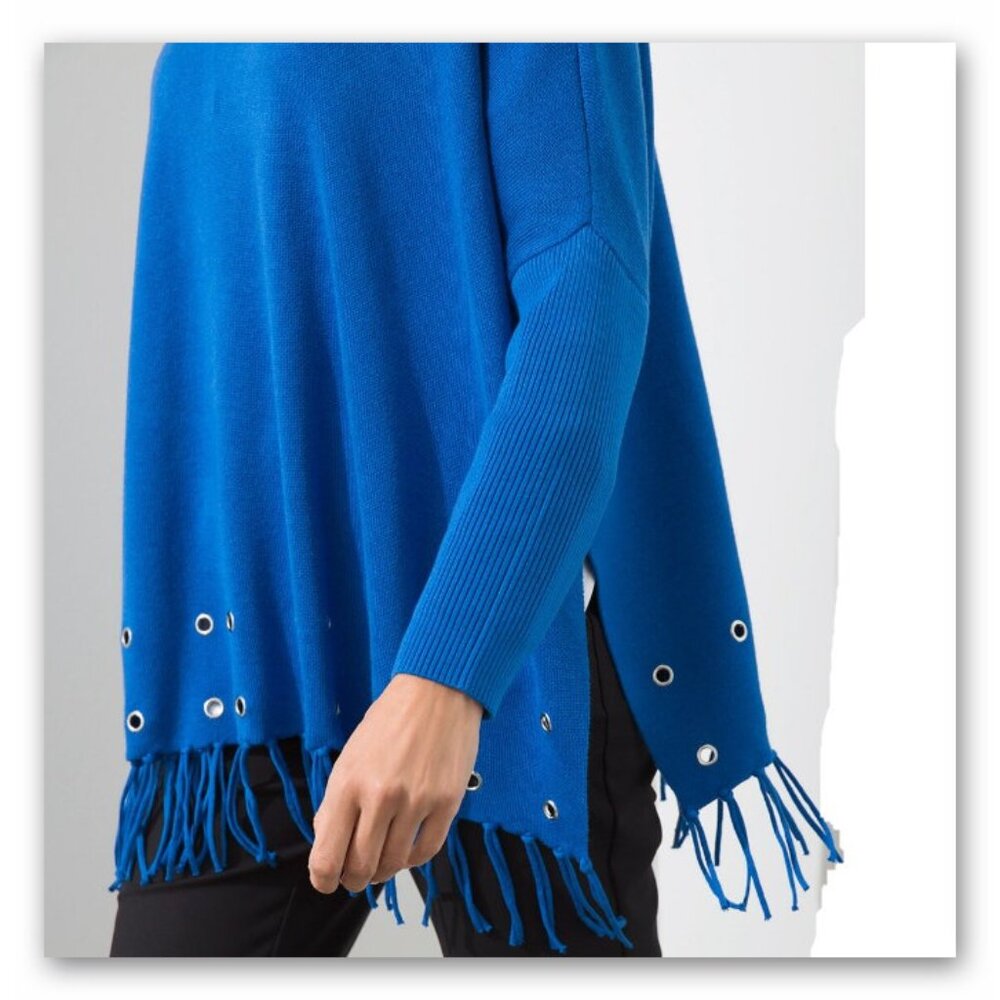 Chico's blue knit gold tone grommets with fringes sweater poncho L /XL - Picture 4 of 12